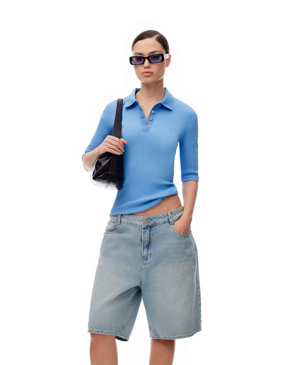 Polo slim tejido de punto algodón azul mujer