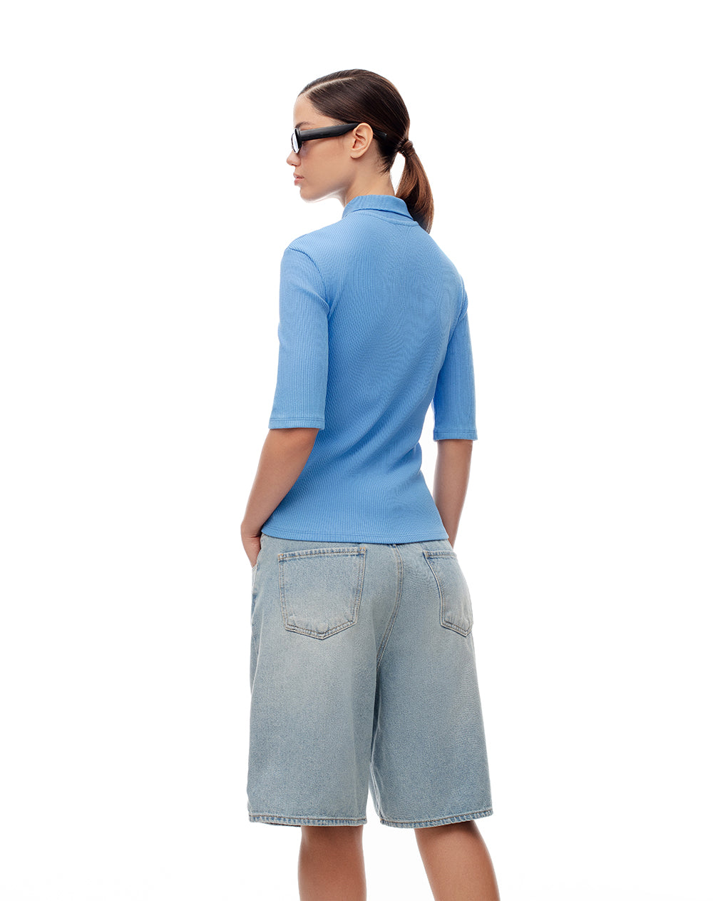 Polo slim tejido de punto algodón azul mujer