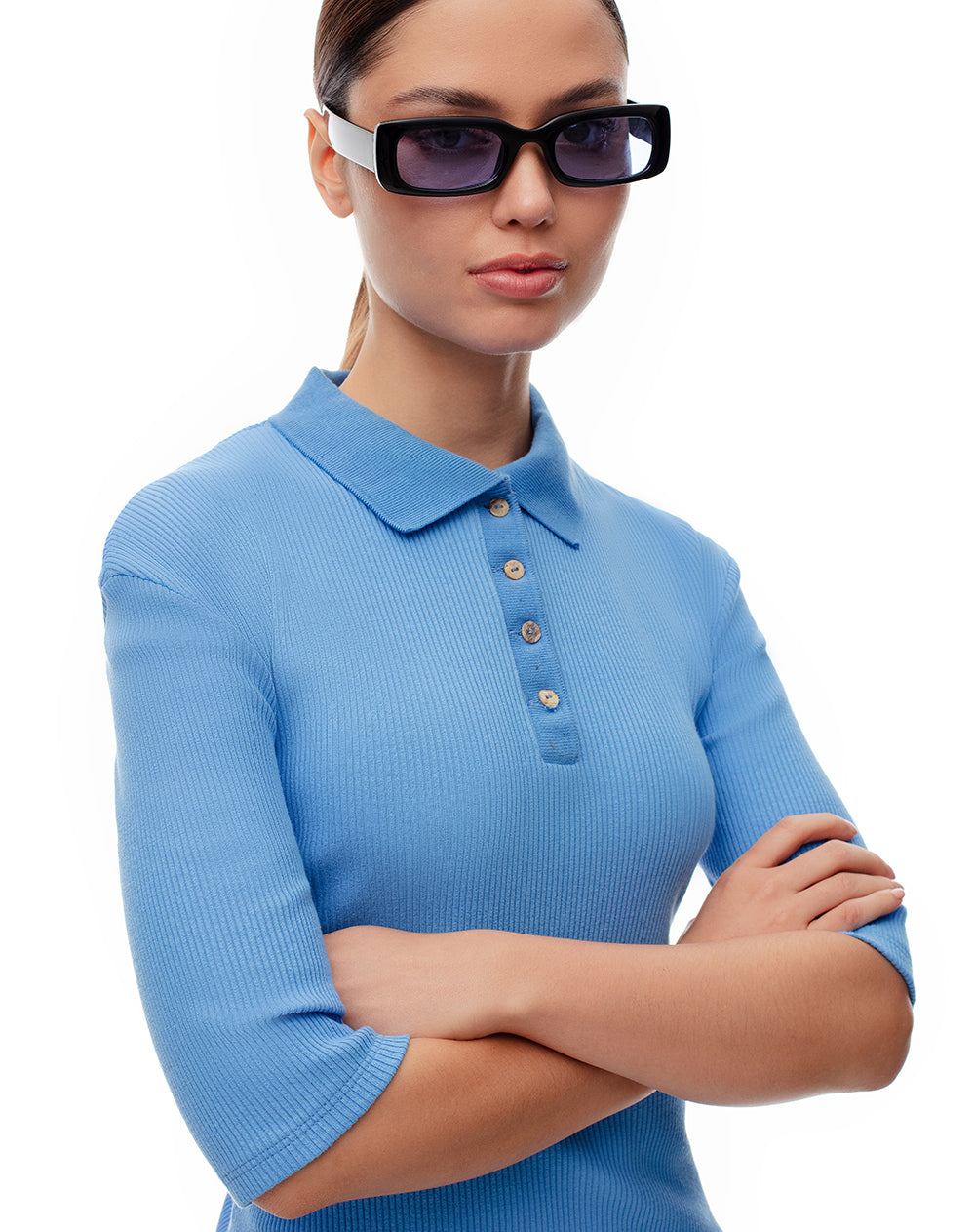 Polo slim tejido de punto algodón azul mujer