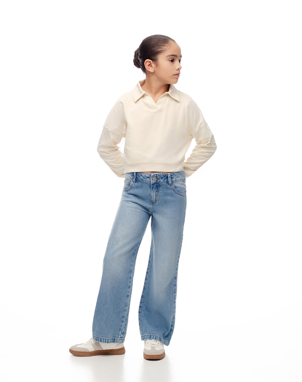 Jean straight tiro alto algodón índigo medio niña