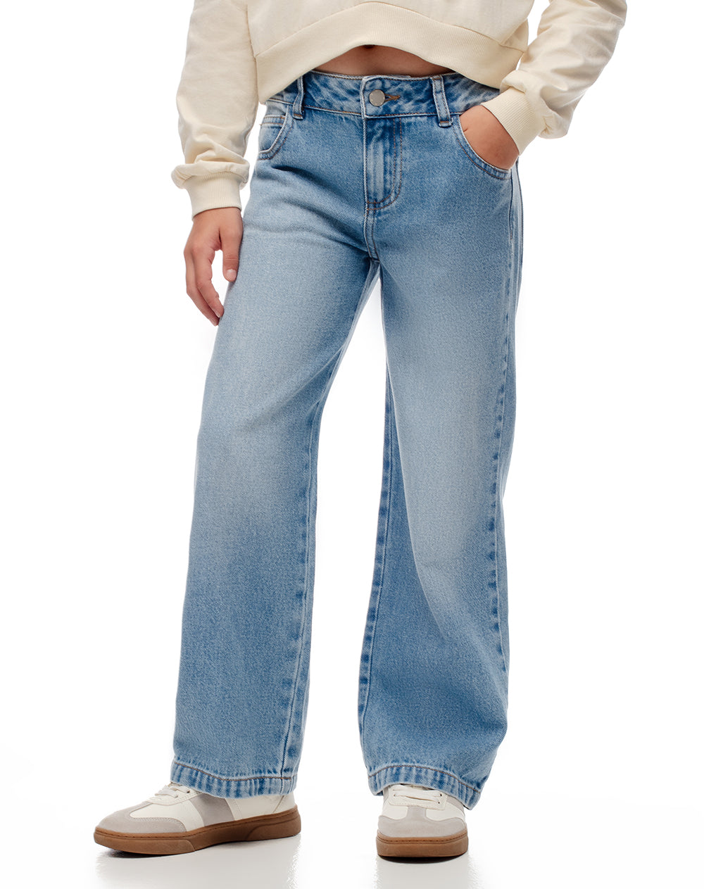 Jean straight tiro alto algodón índigo medio niña