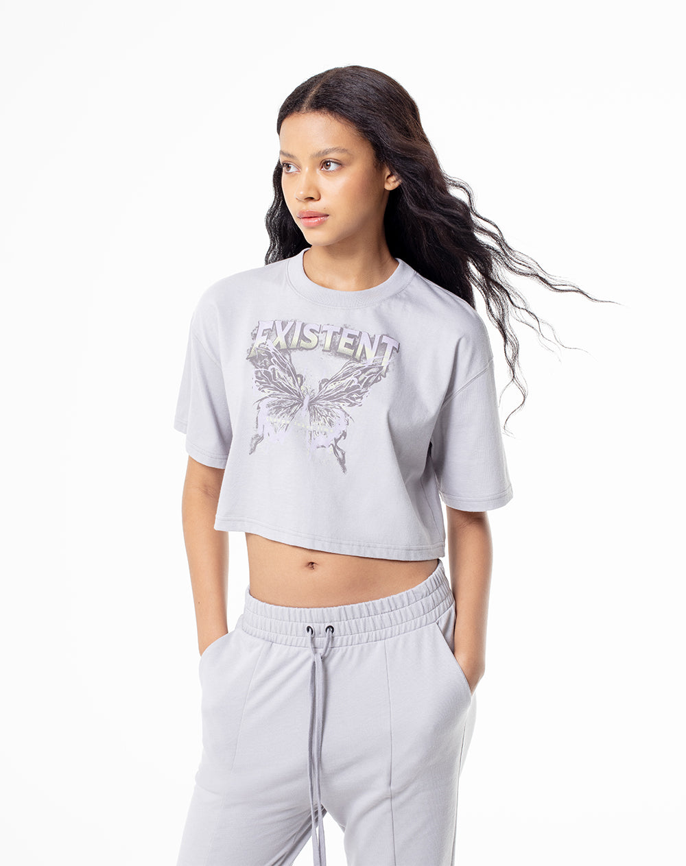 Crop top slim algodón gris estampado mujer
