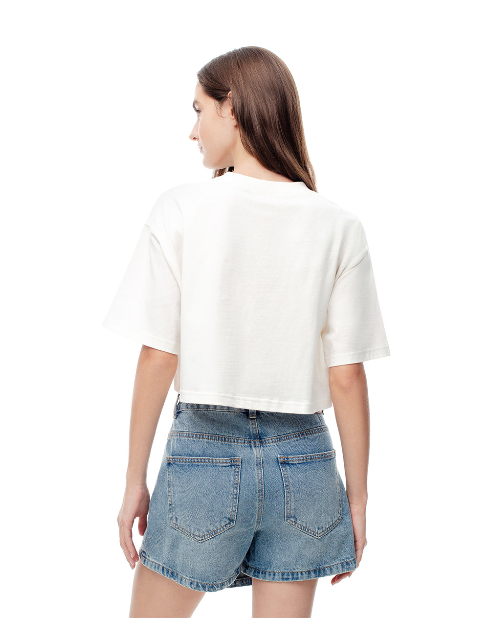 Camiseta crop regular algodón vainilla estampada mujer