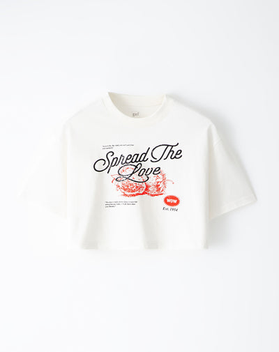 Camiseta crop regular algodón vainilla estampada mujer
