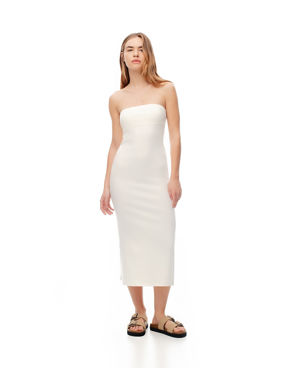 Vestido midi strapless habano mujer