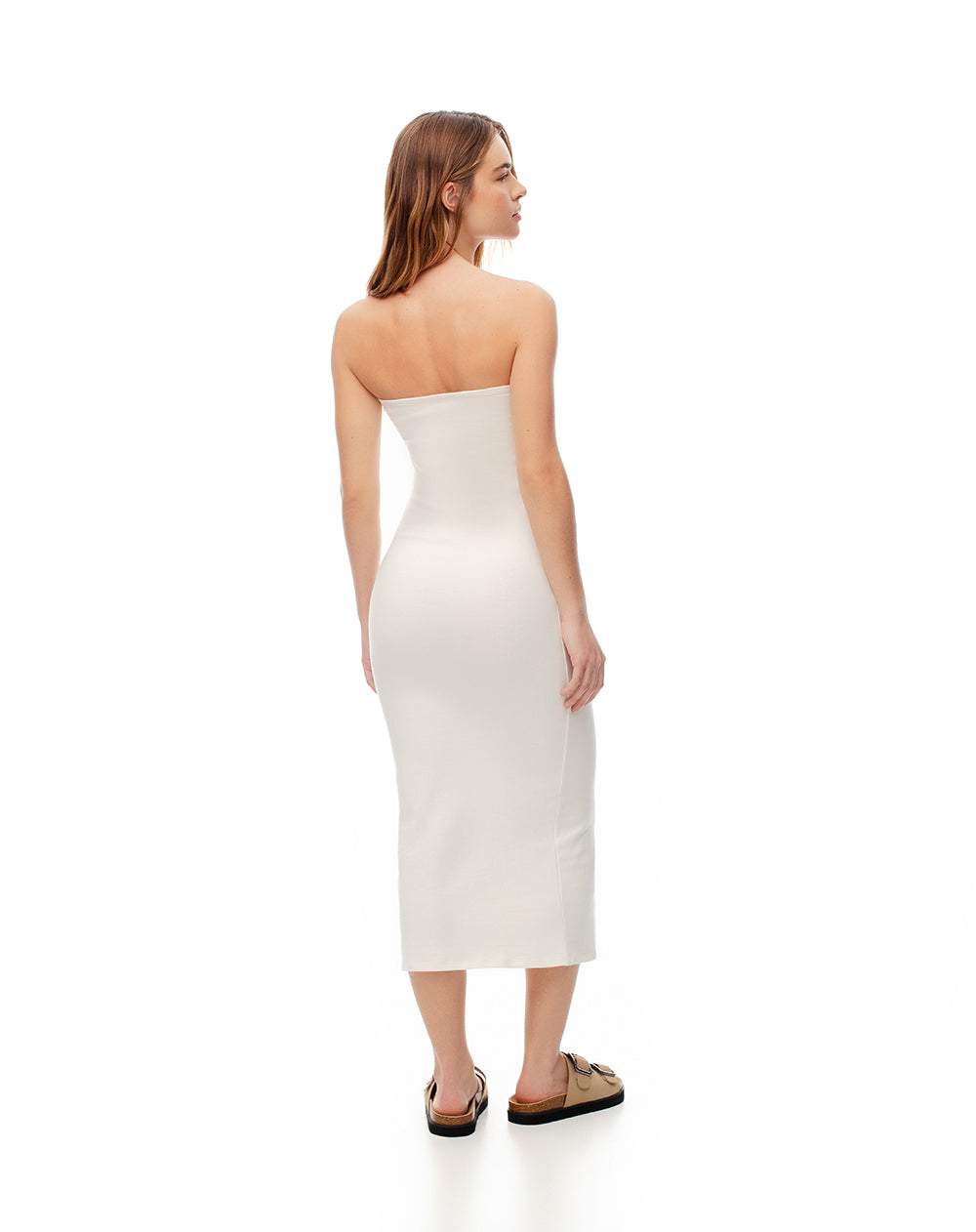 Vestido midi strapless habano mujer