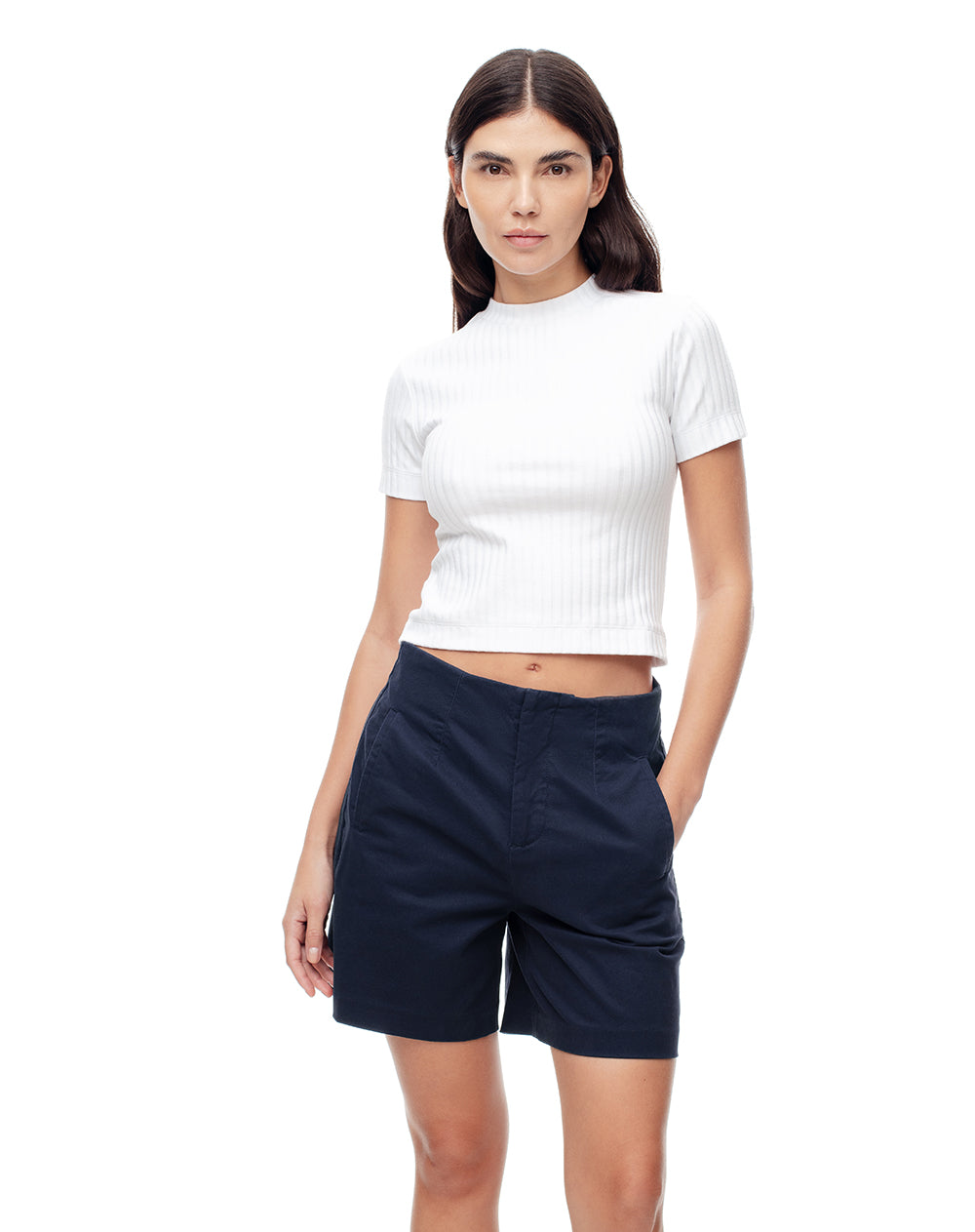 Short tiro alto alto algodón azul mujer