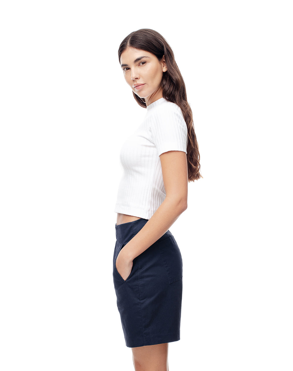 Short tiro alto alto algodón azul mujer