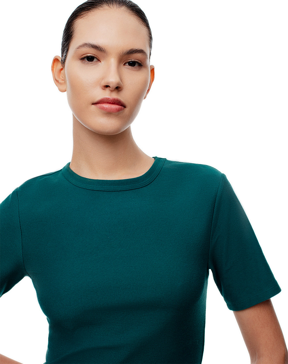 Camiseta slim rib algodón verde mujer