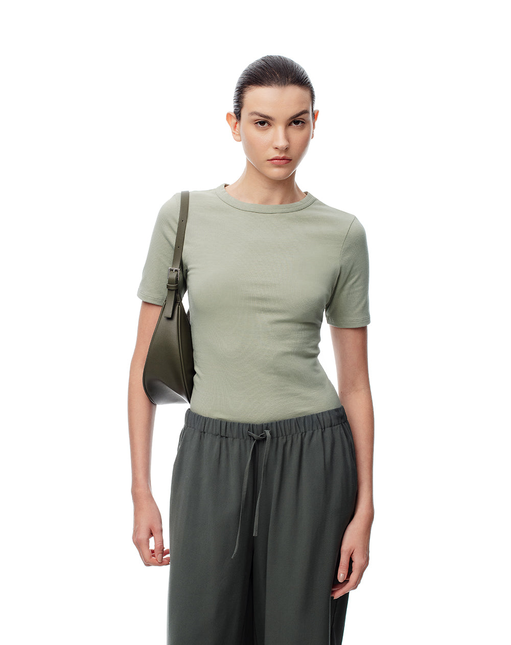 Camiseta slim rib algodón verde mujer