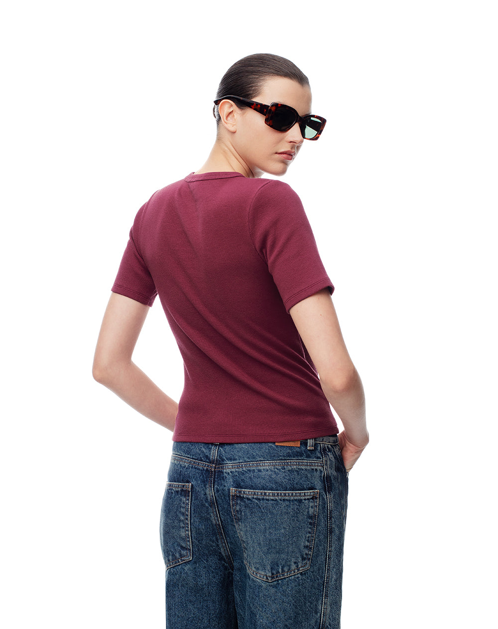Camiseta slim rib algodón vinotinto mujer
