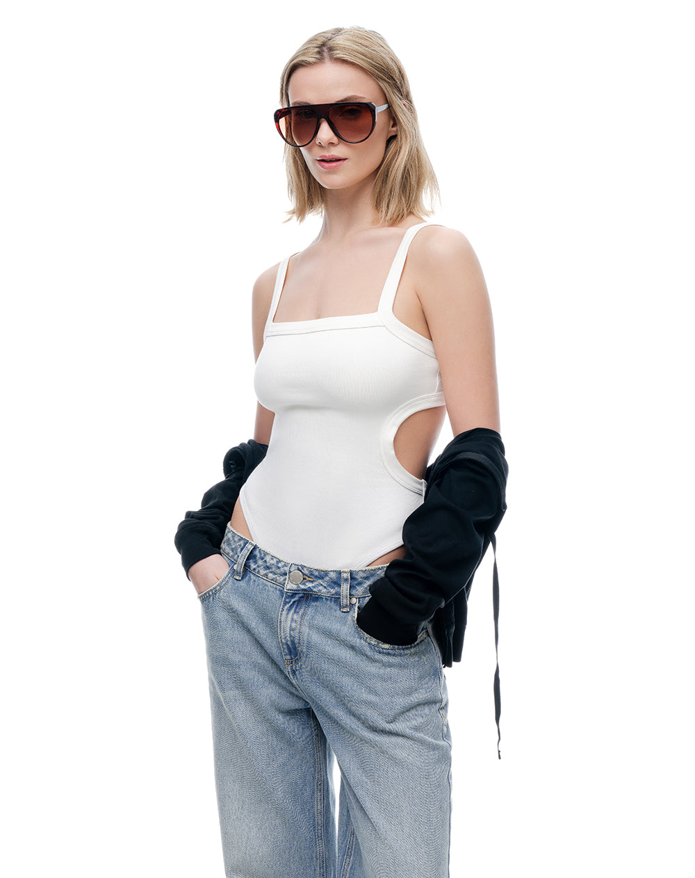 Body cut out rib algodón blanco mujer