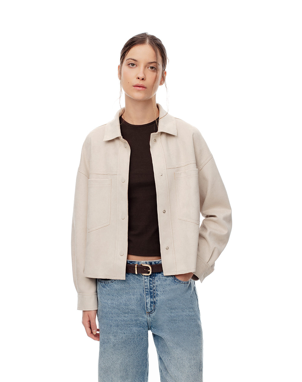 Chaqueta tejido suede arena mujer