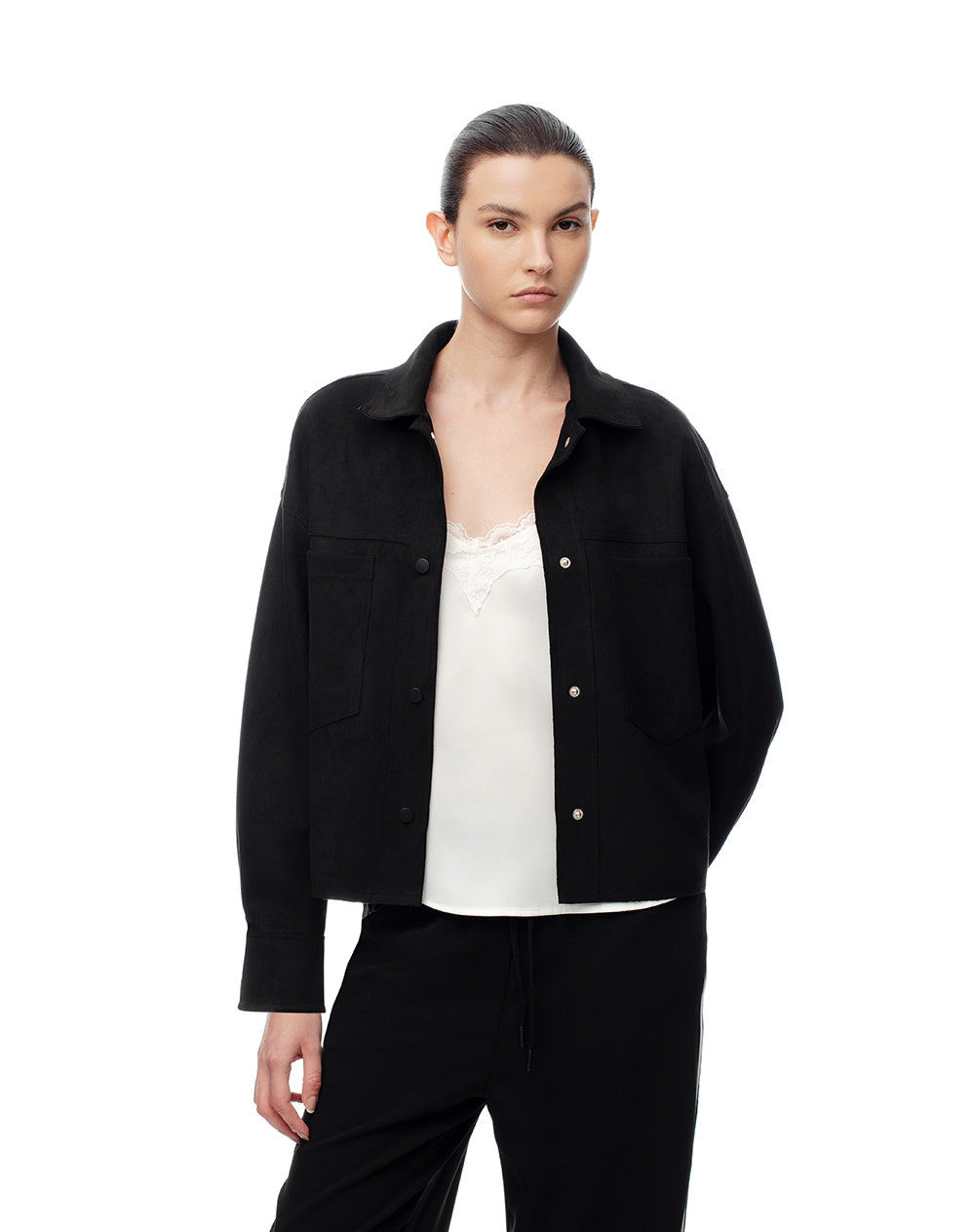 Chaqueta tejido suede negra mujer