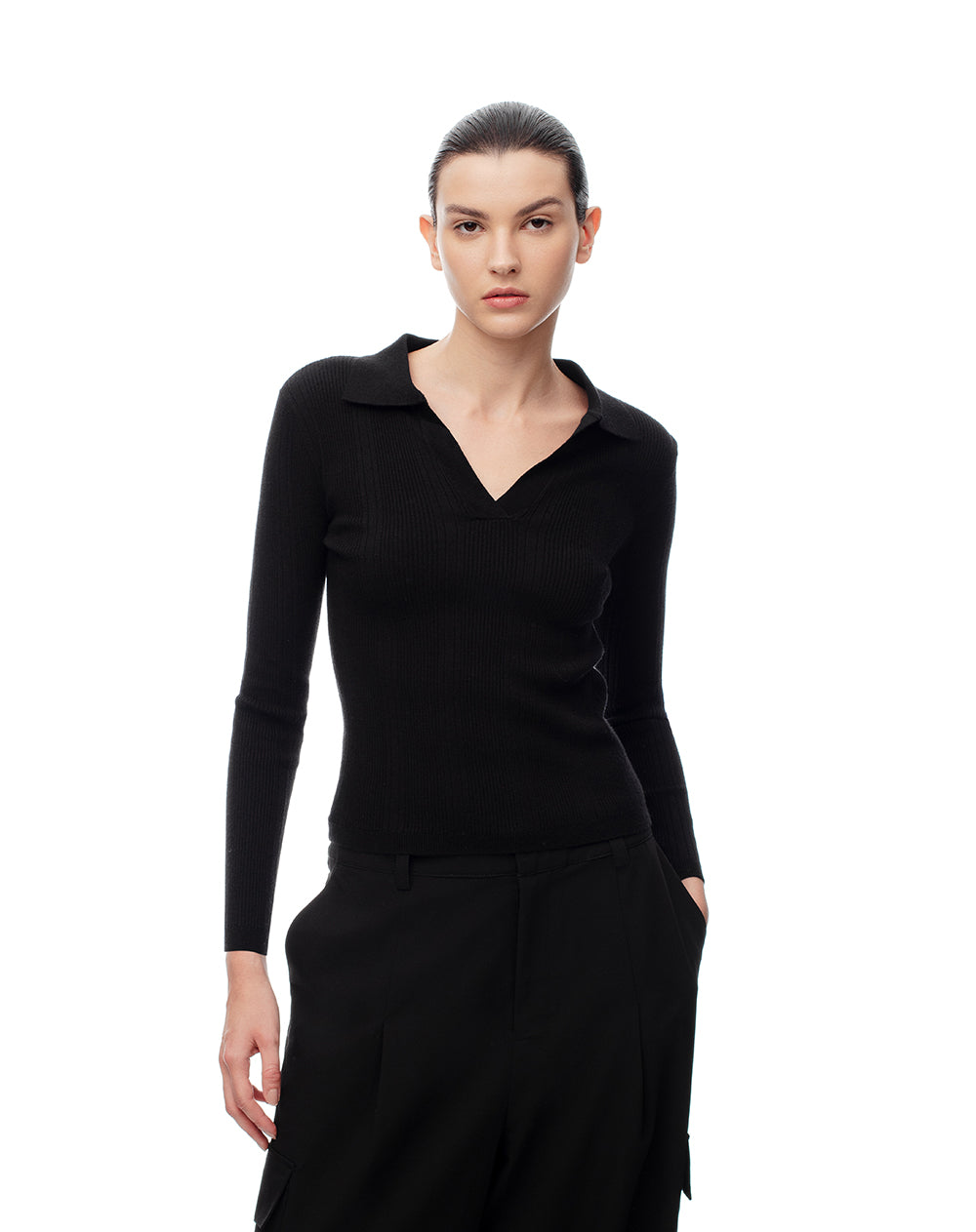 Camibuzo tipo polo slim tejido de punto negro mujer