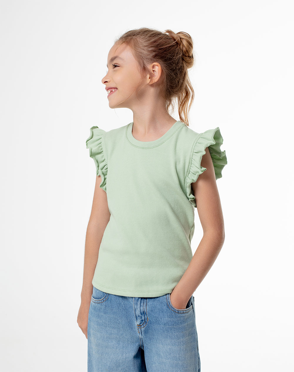 Camiseta regular tejido de punto verde niña