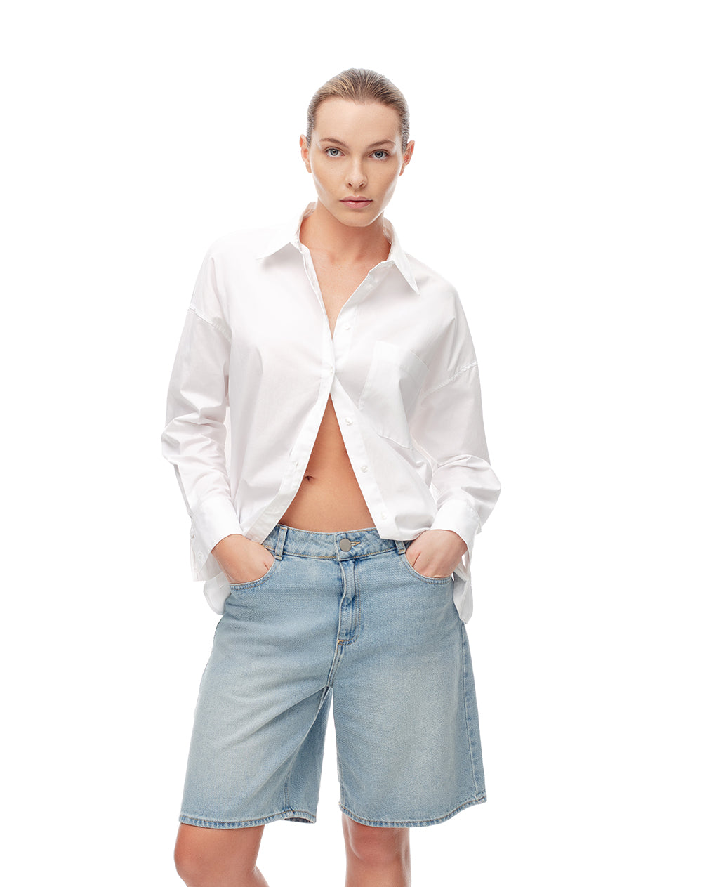 Bermuda denim tiro alto índigo medio mujer