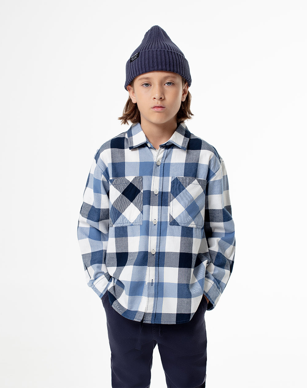 Camisa manga larga regular denim cuadros niño