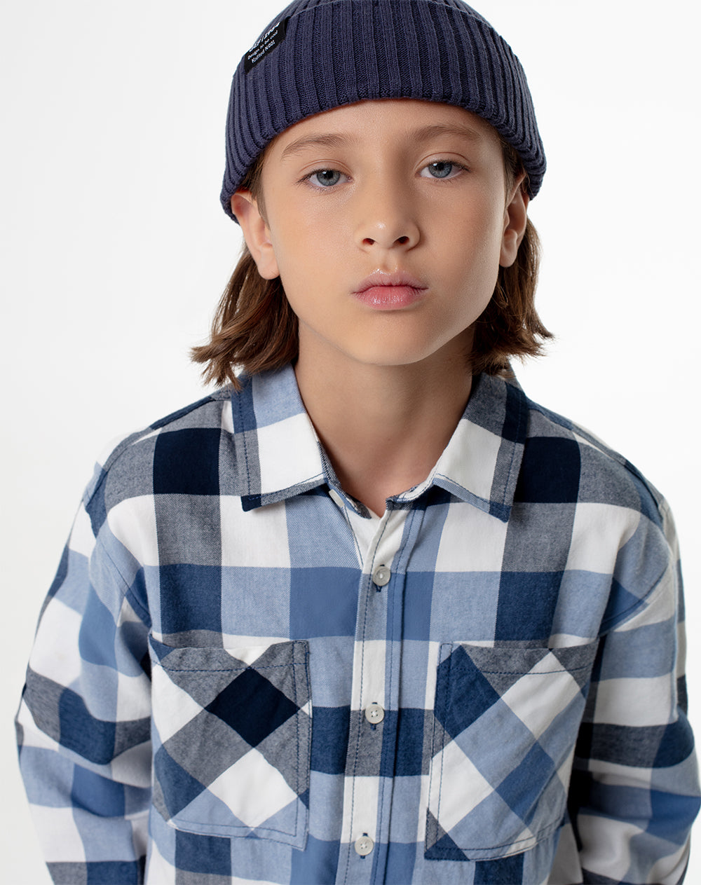 Camisa manga larga regular denim cuadros niño
