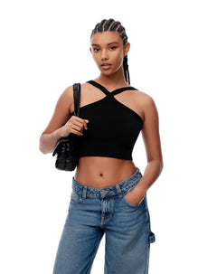 Crop top slim rib algodón negro mujer