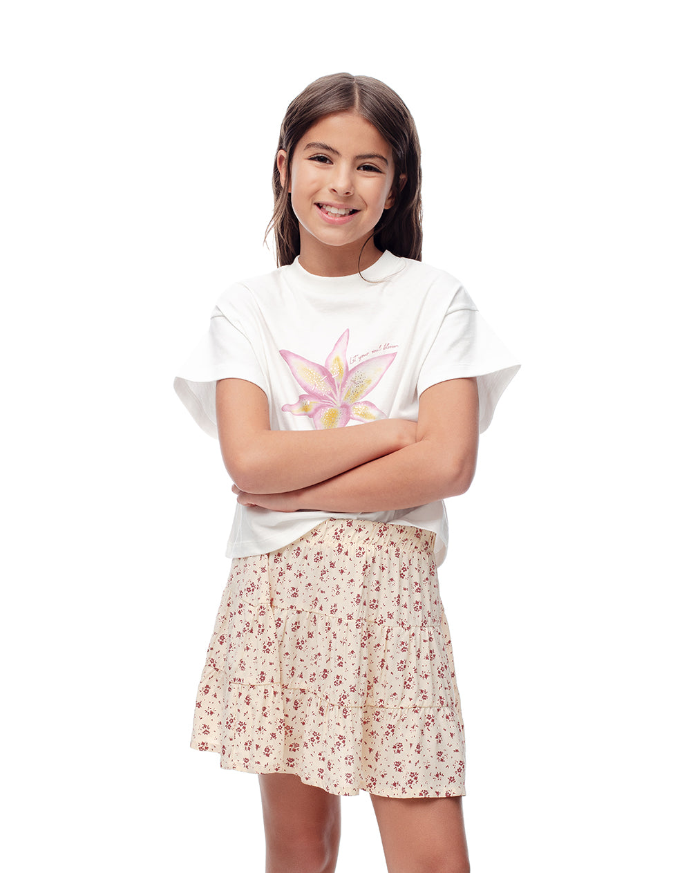 Falda tiro medio capas estampada niña