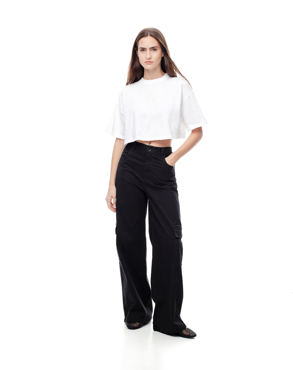 Pantalón cargo tiro medio algodón negro mujer