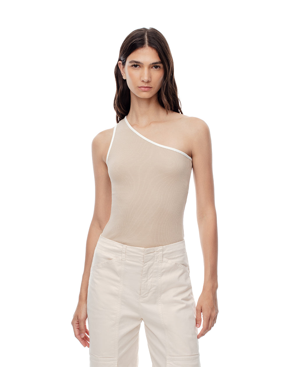 Camiseta de un solo hombro slim caqui mujer