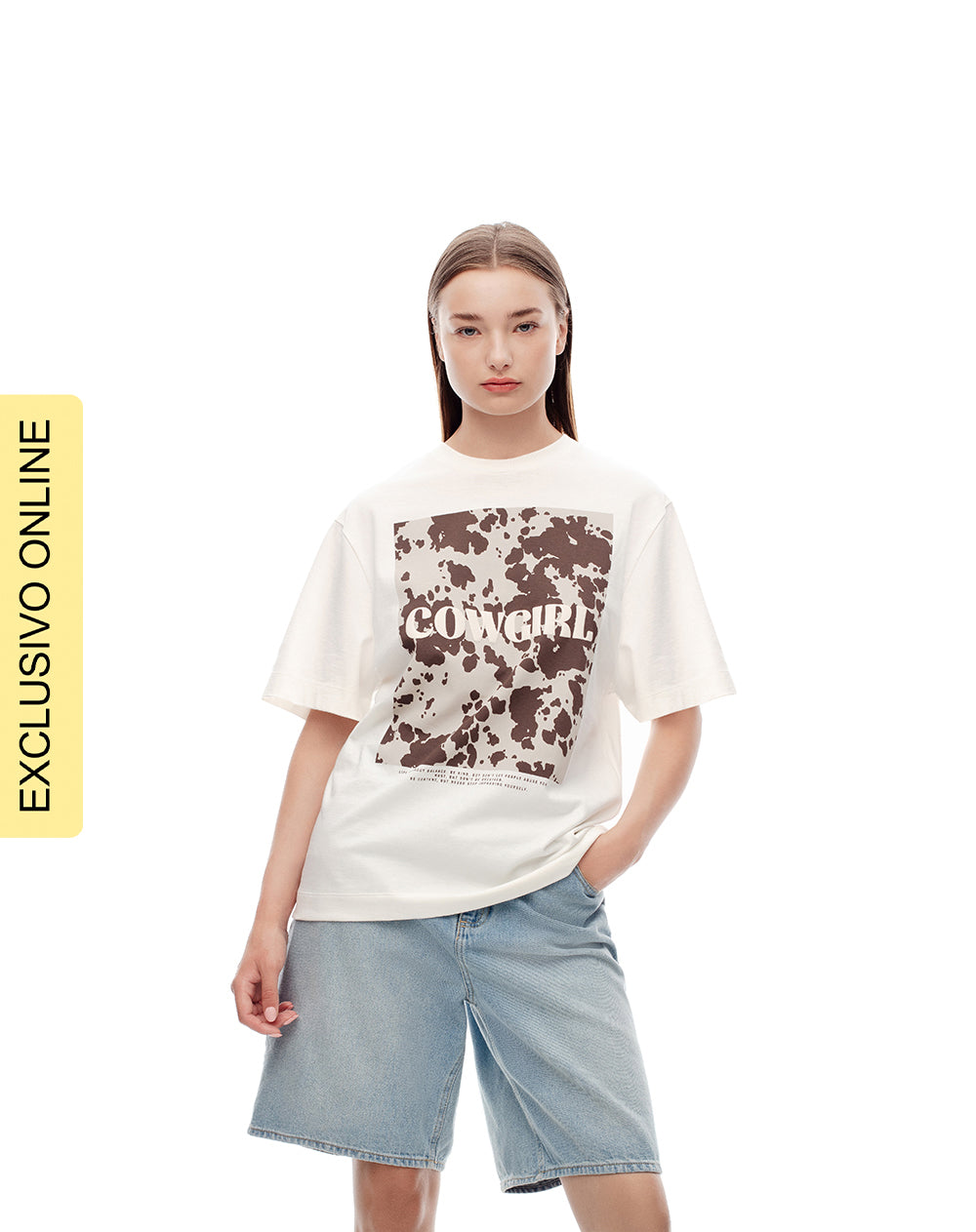 Camiseta oversize algodón habano estampada mujer