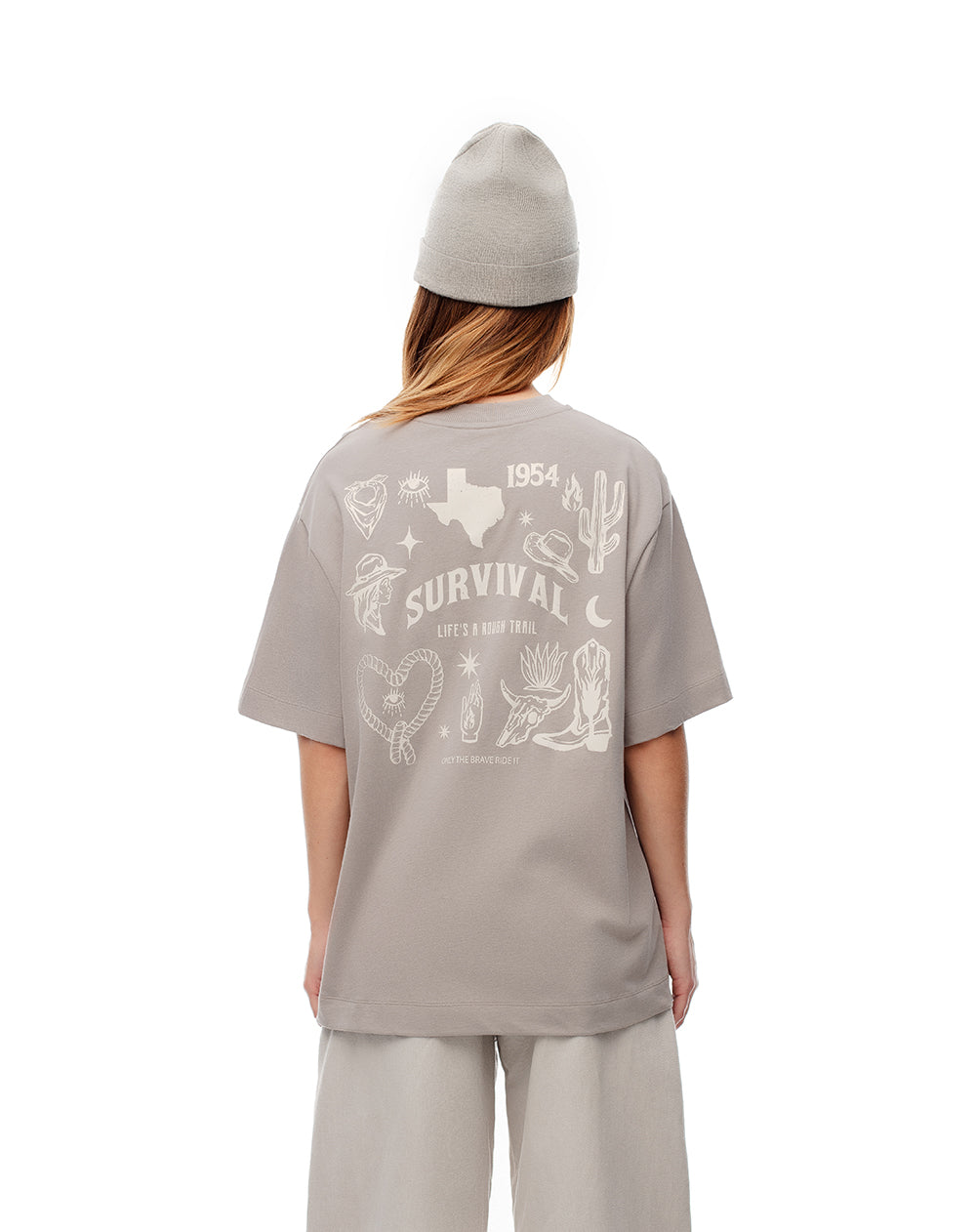 Camiseta oversize algodón taupe estampada mujer