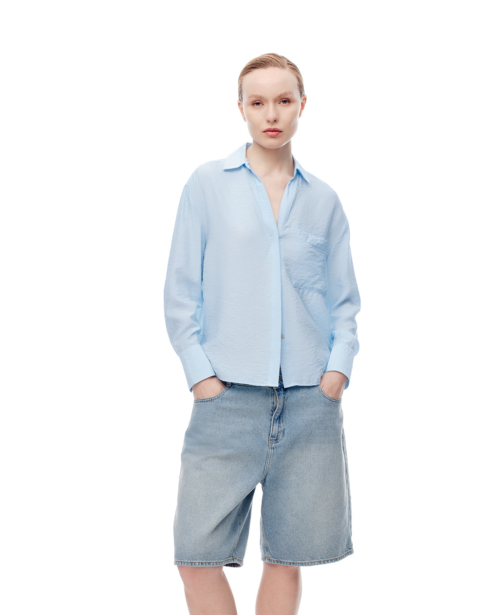 Camisa manga larga regular azul mujer