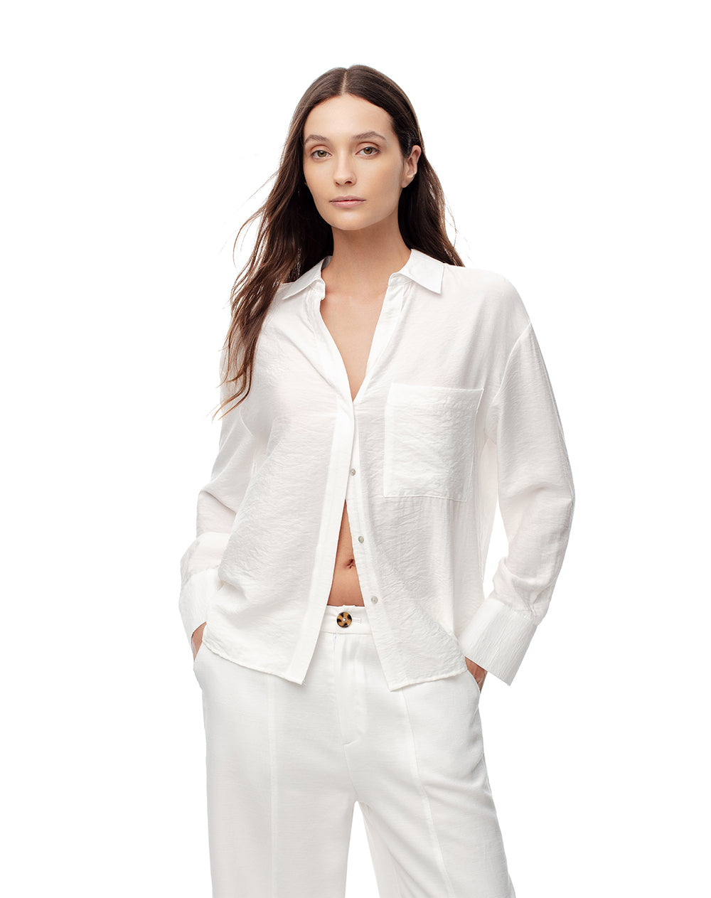 Camisa Regular Fit Manga Larga Blanca Elegancia Casual para Mujer