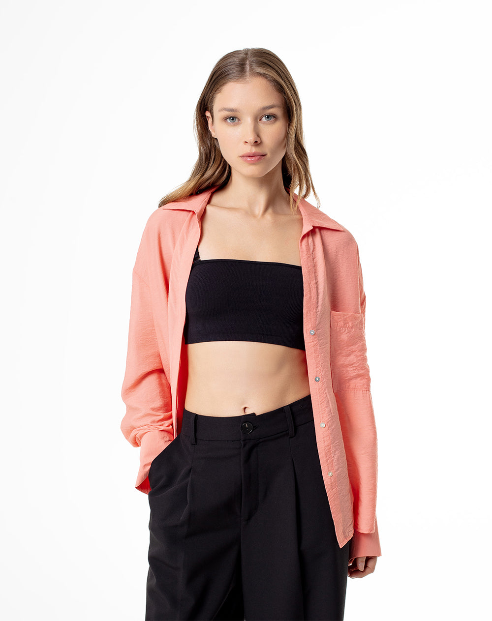 Camisa manga larga regular coral mujer