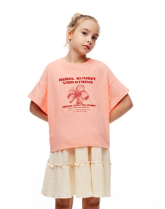 Camiseta regular algodón mandarina estamada niña