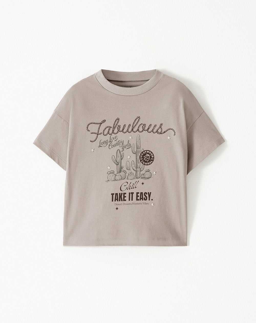 Camiseta regular algodón taupe estampada niña