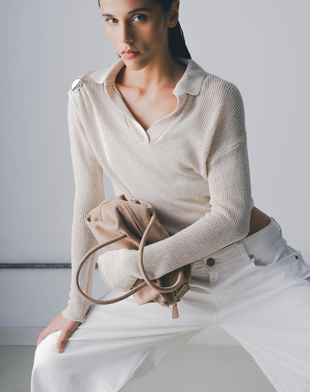 Suéter tipo polo tejido de punto habano mujer