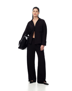 Pantalón wide leg tiro medio negro mujer