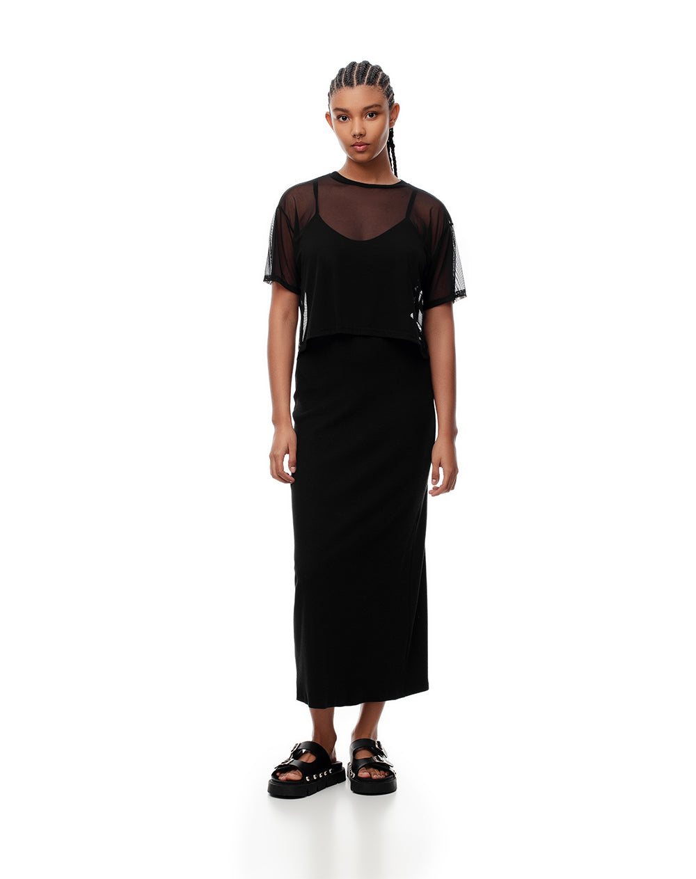 Camiseta regular tejido tull negra mujer