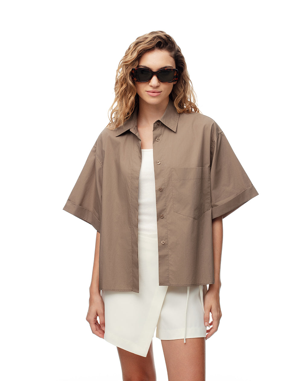 Camisa manga corta oversize algodón café mujer