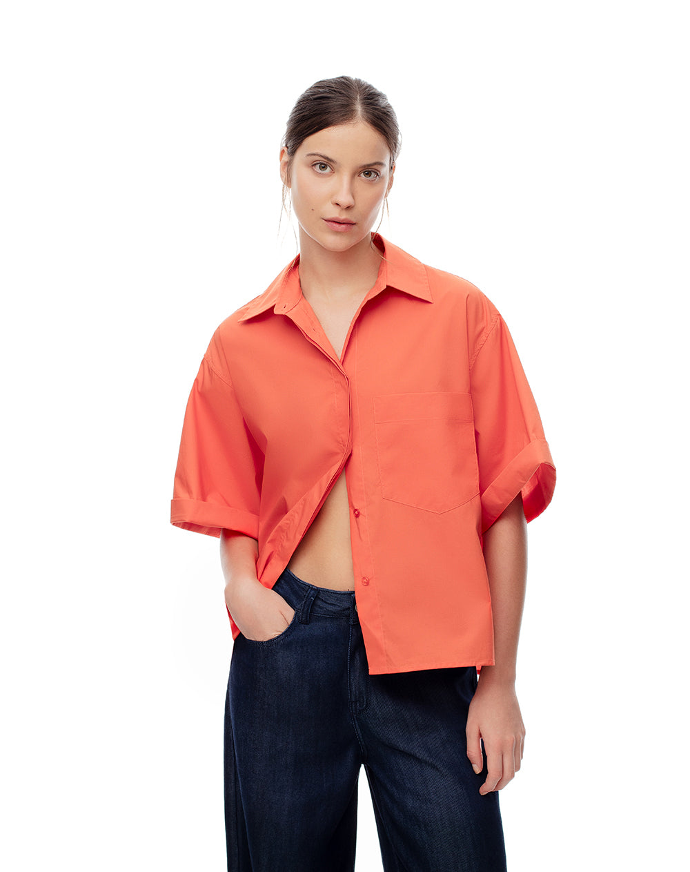 Camisa manga corta oversize algodón naranja mujer