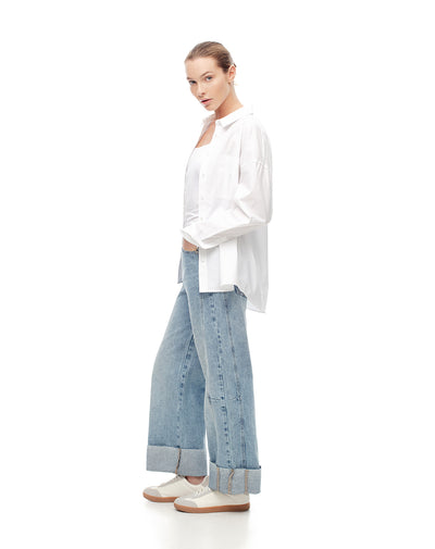 Jean wide leg tiro alto dobladillo índigo claro mujer