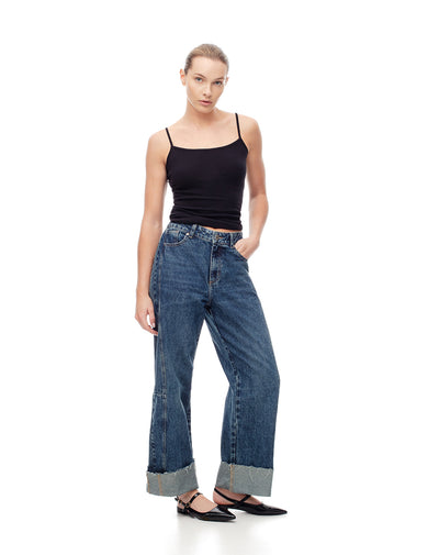 Jean wide leg tiro alto dobladillo índigo oscuro mujer