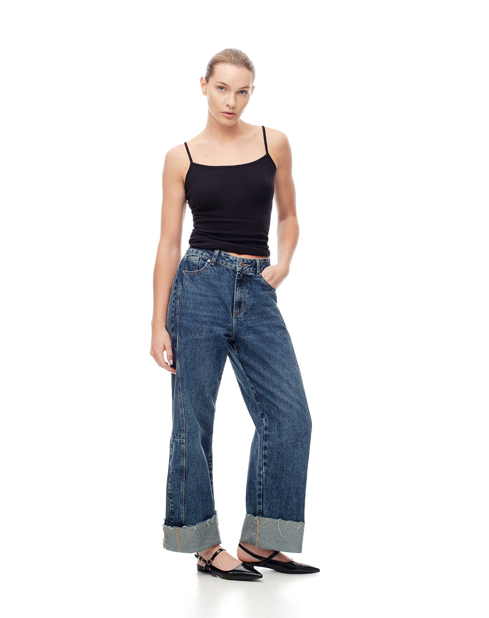 Jean wide leg tiro alto dobladillo índigo oscuro mujer