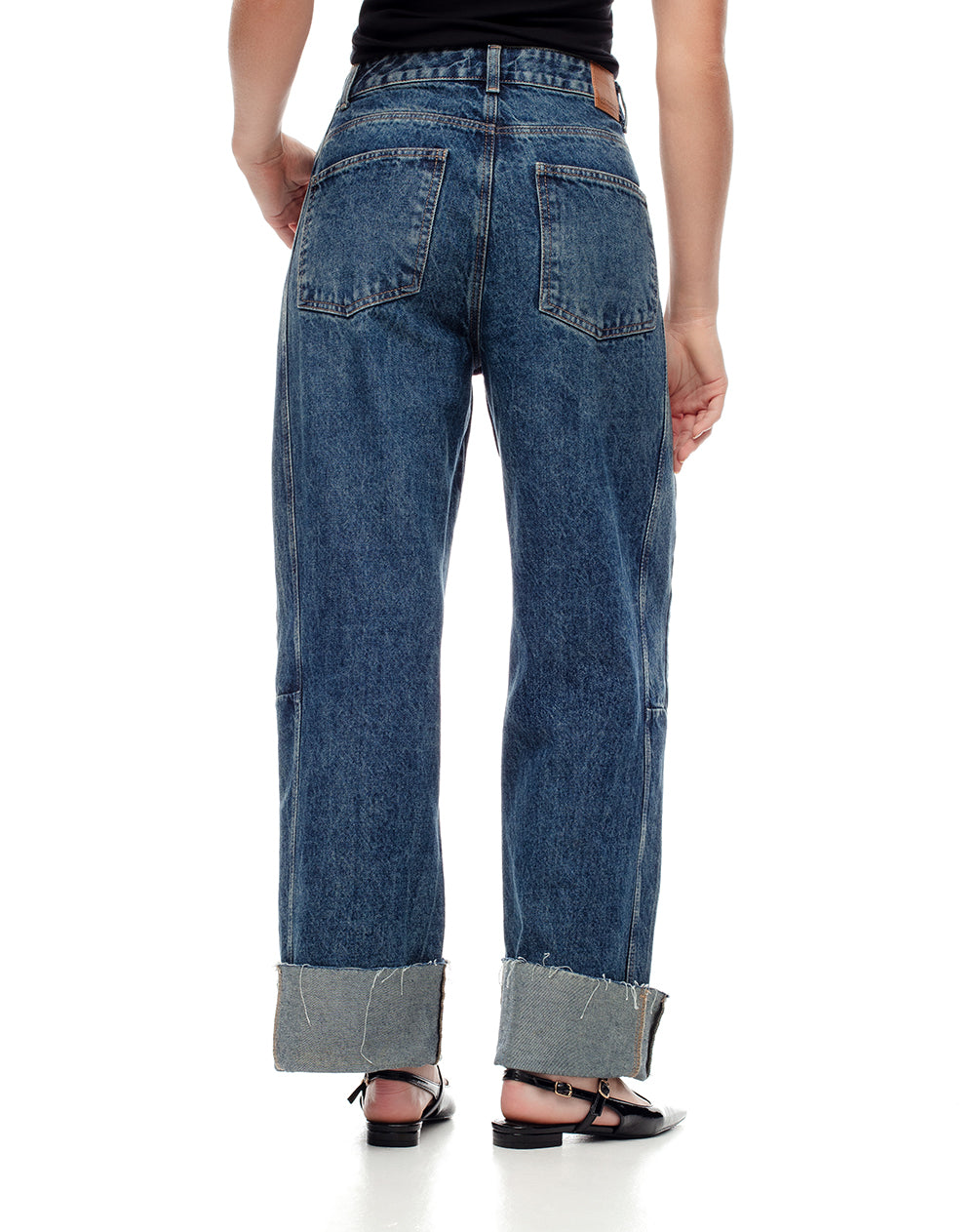 Jean wide leg tiro alto dobladillo índigo oscuro mujer