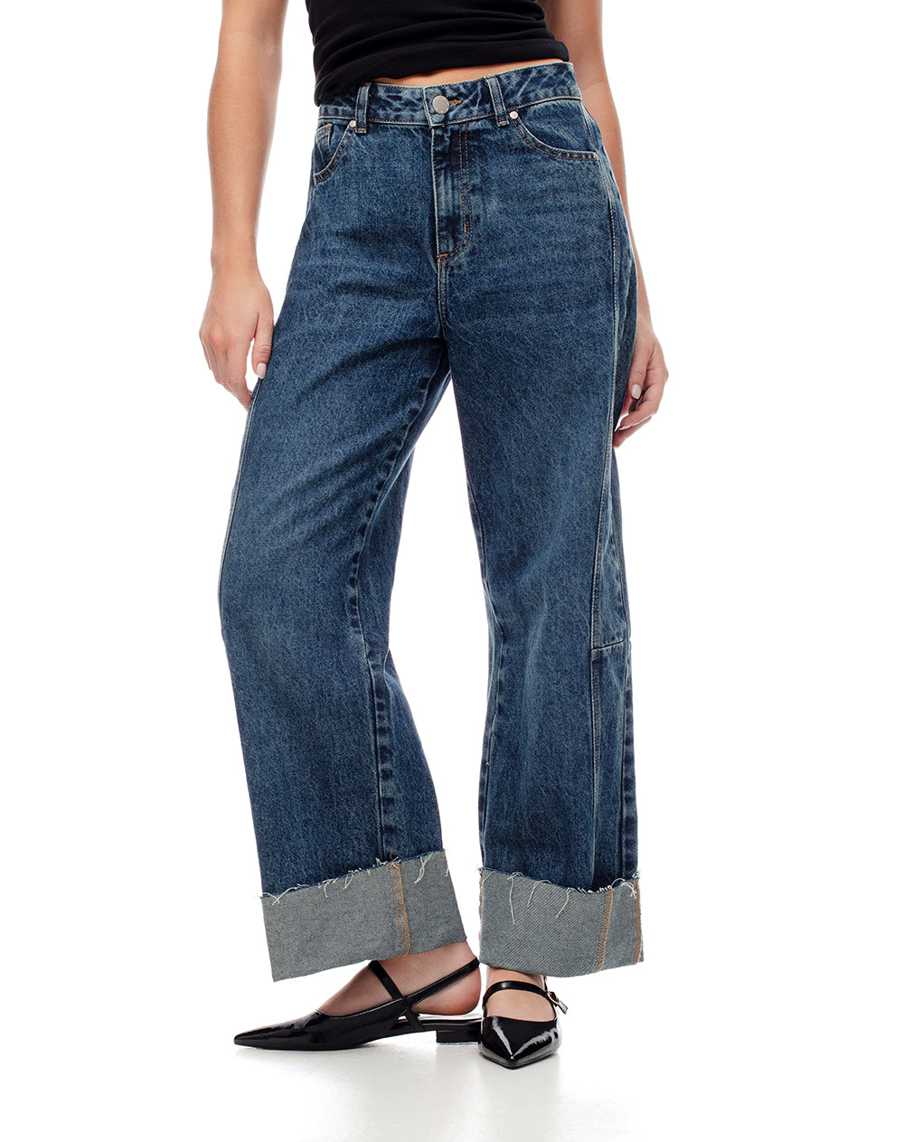 Jean wide leg tiro alto dobladillo índigo oscuro mujer