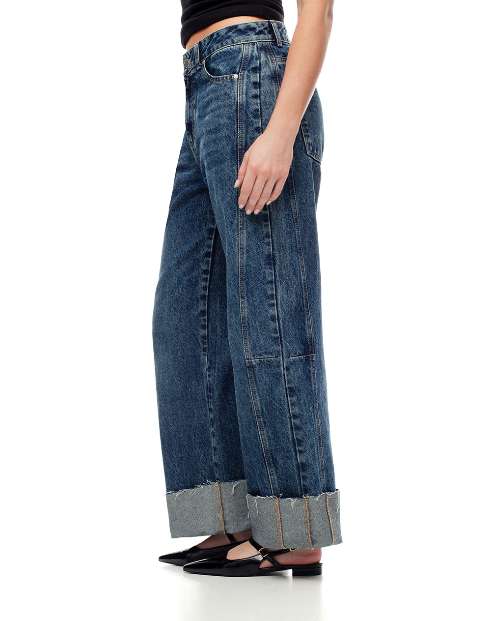 Jean wide leg tiro alto dobladillo índigo oscuro mujer