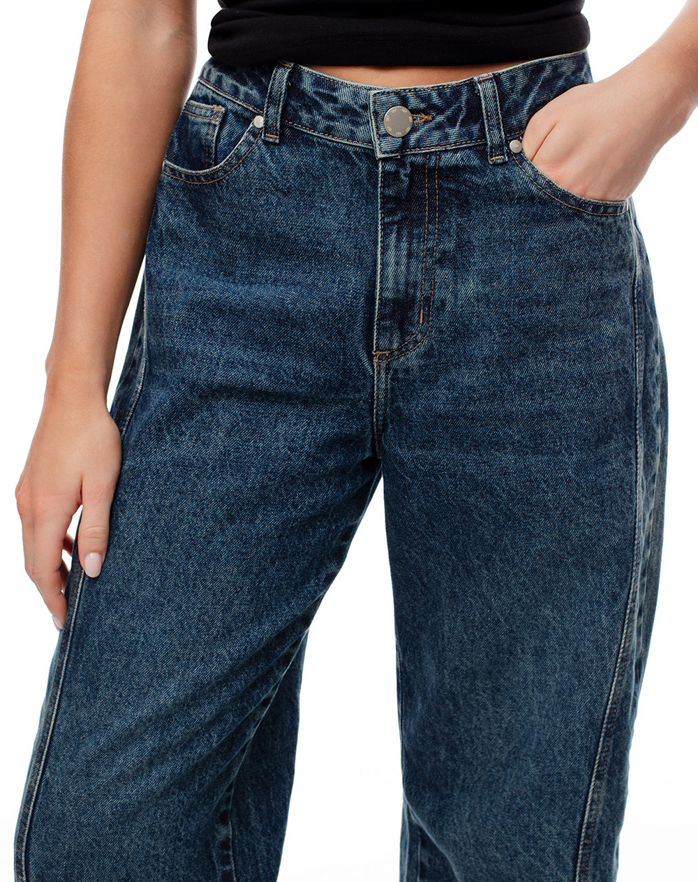 Jean wide leg tiro alto dobladillo índigo oscuro mujer