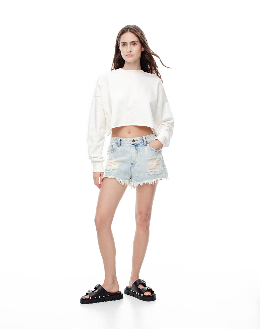 Short tiro medio denim desgaste índigo claro mujer
