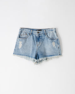 Short tiro medio denim desgaste índigo medio mujer