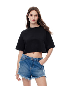 Short tiro medio denim desgaste índigo medio mujer