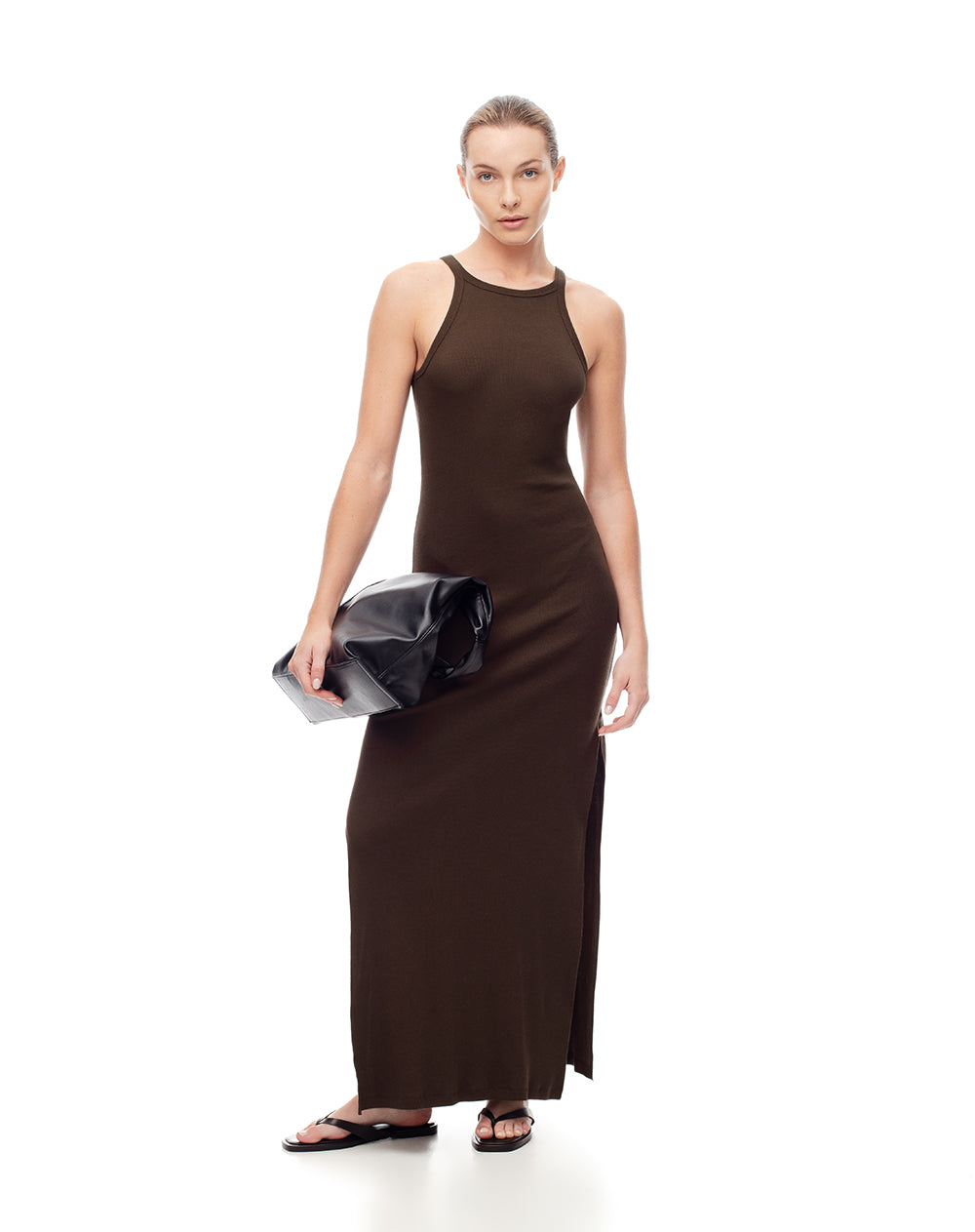 Vestido largo slim rib algodón chocolate mujer
